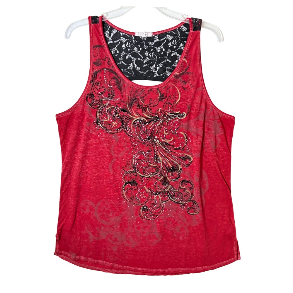 Maurices Y2K Rhinestone Graphic Tank Top Womens 1X Red Lace Back Filigree Grunge